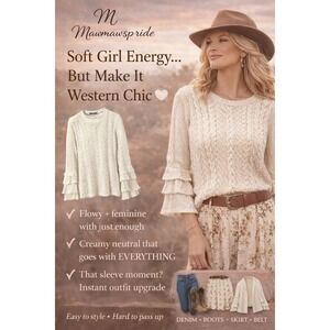 Doe & Rae Cream Cable Knit Ruffle Tiered Sleeve Sweater Womens Small Ivory